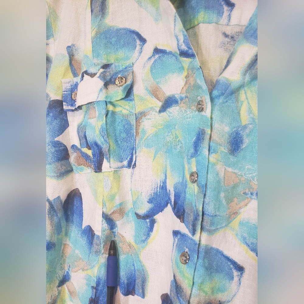 JM Collection Linen Button Down Shirt Front Pockets 3/4 Sleeves Sz 18 Blue Green - Picture 15 of 15
